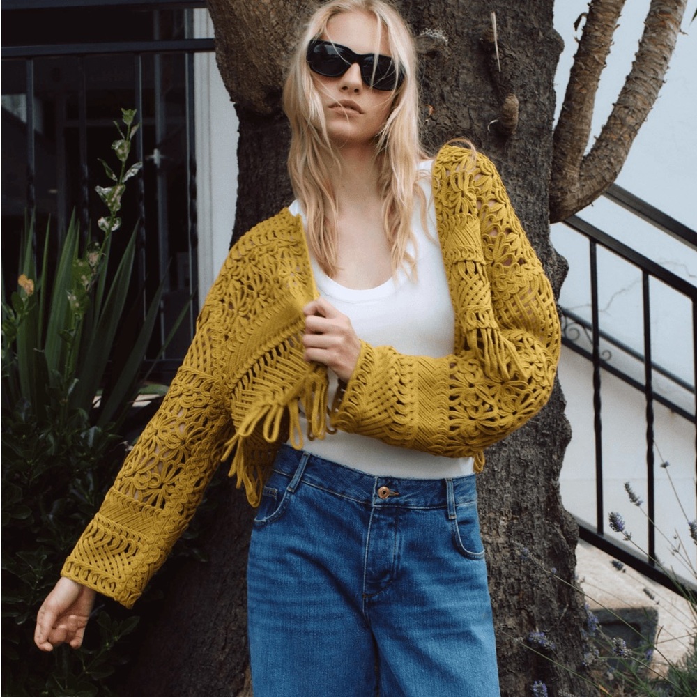 ZARA Chic Mustard CROCHET Knit Sweater